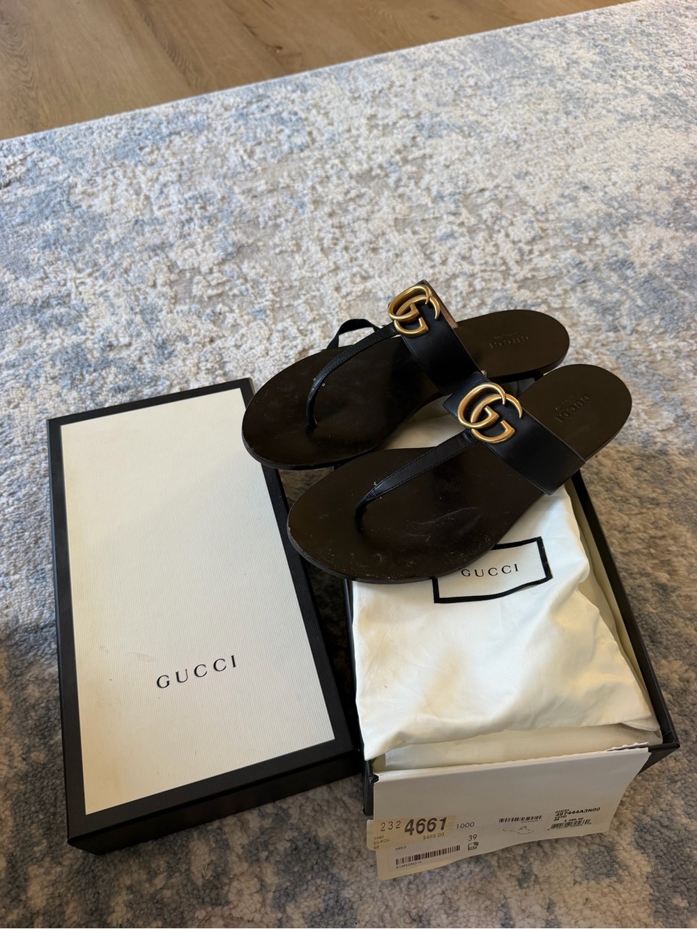Gucci Black Leather GG Logo Thong Sandals